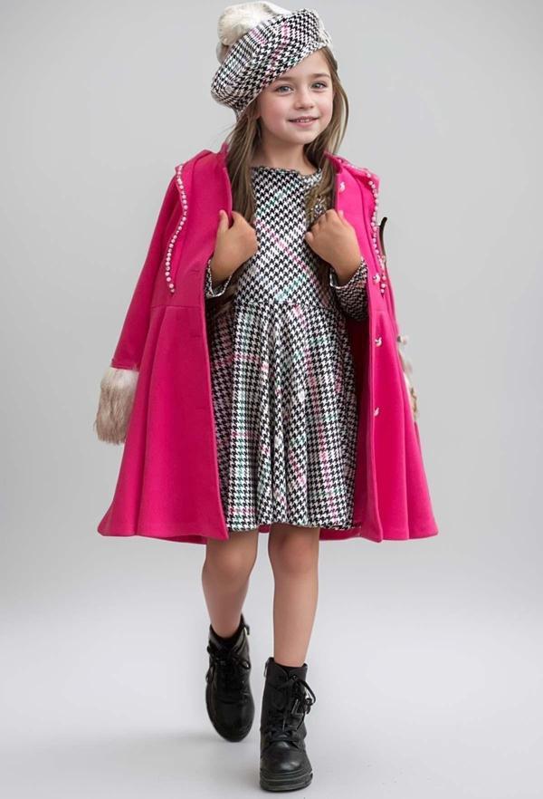 Kız Çocuk Kazayağı Desen Elbise Kolları Peluş ve Omuzları İnci İşleme Kemerli Fuşya Kaşe Kaban - Image 1