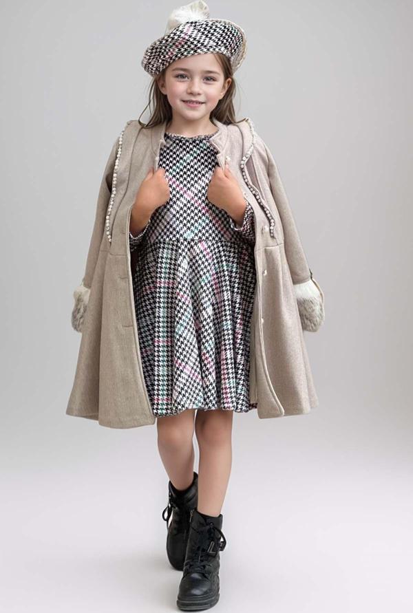Kız Çocuk Kazayağı Desen Elbise Kolları Peluş ve Omuzları İnci İşleme Kemerli Fildişi Kaşe Kaban - Image 1