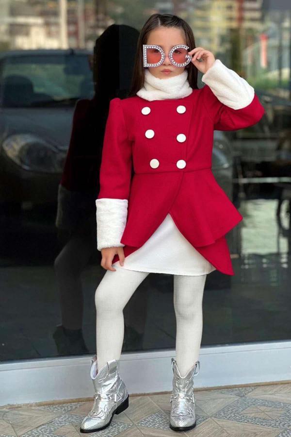 Kız Çocuk Kol Uçları Peluş Detaylı Kırmızı Kaşe Kabanlı Takım - Image 1