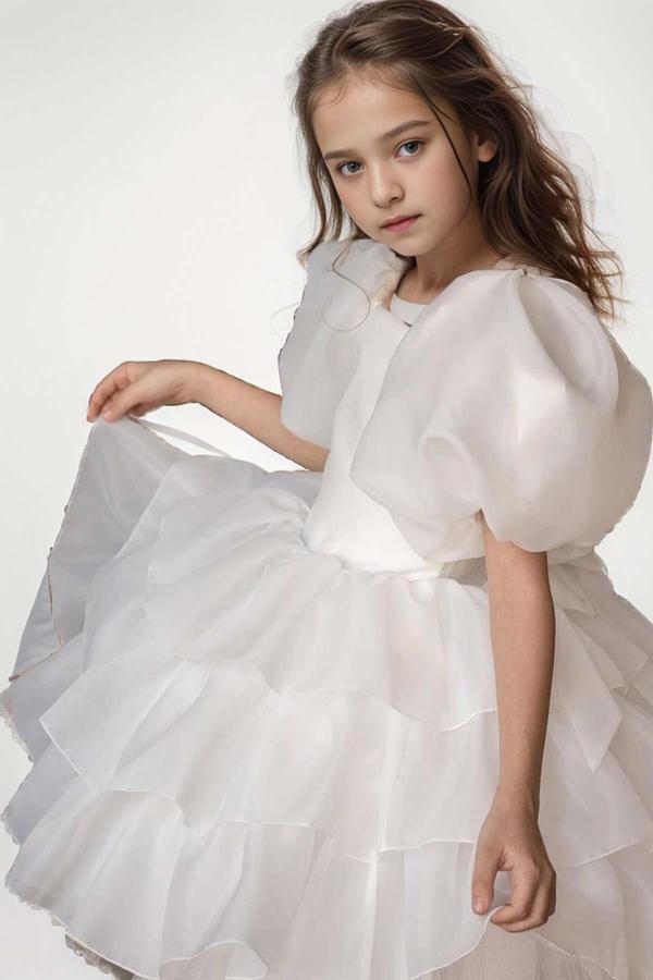 Kız Çocuk Balon Kollu Eteği KatKat Fırfırlı İçi Astarlı Beyaz Abiye - Image 1