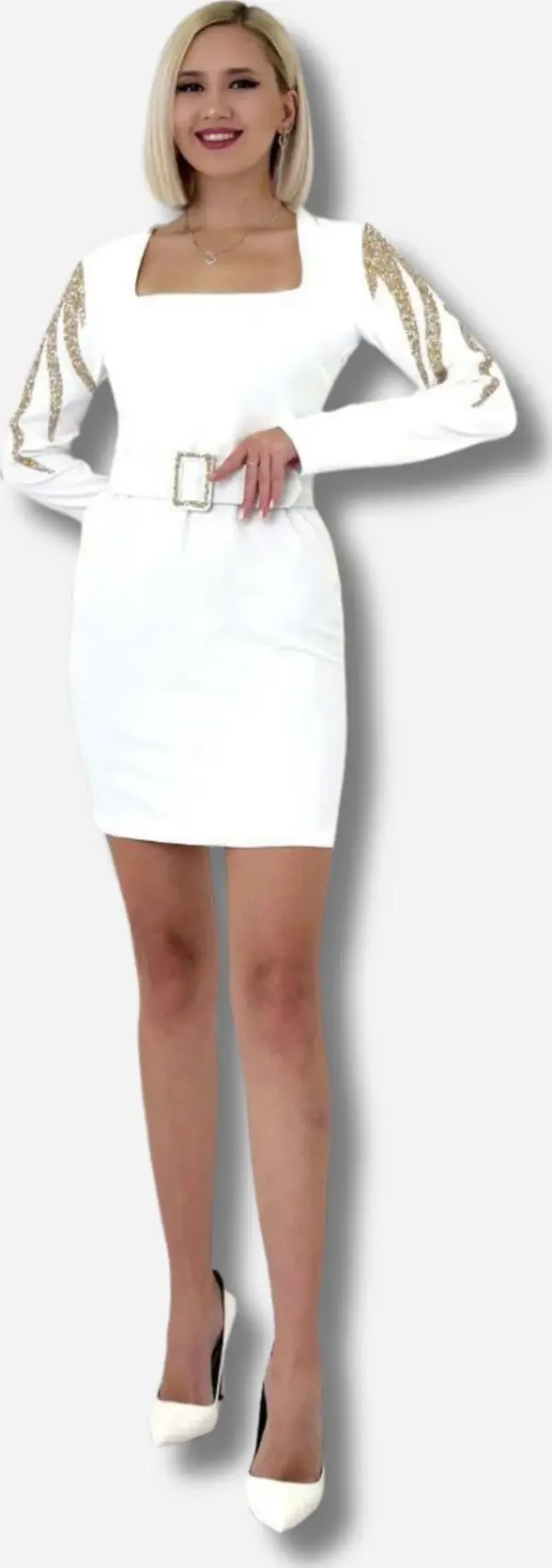 Modatalika Kadın Kol Kısmı Sim Varak İşlemeli Kemer Detaylı Mini Şık Abiye Elbise - Image 1