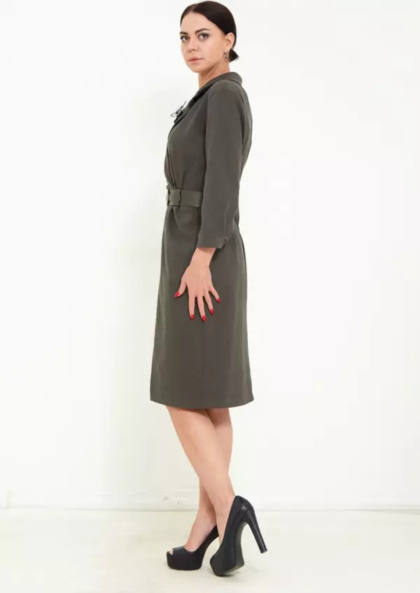 Modatalika Kadın Midi Boy Truvakar Kol Kemerli Broş Aksesuarlı Şık Elbise - Image 1