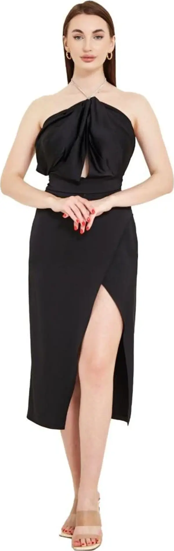 Modatalika Boyundan Zincir Bağlamalı Yırtmaçlı Midi Boy Elbise - Image 1