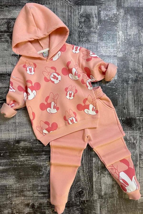 Kız Çocuk Minnie Desen Baskılı Kapüşonlu Pudra Eşofman Takım - Image 1
