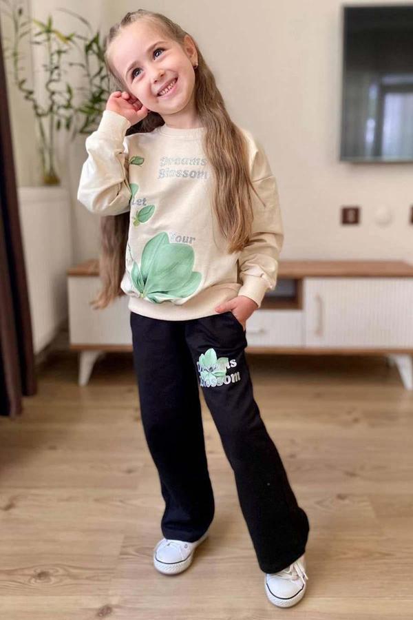 Kız Çocuk Lale Baskılı Kazak Yazı Detaylı Alt Eşofman Yeşil Eşofman Takım - Image 1