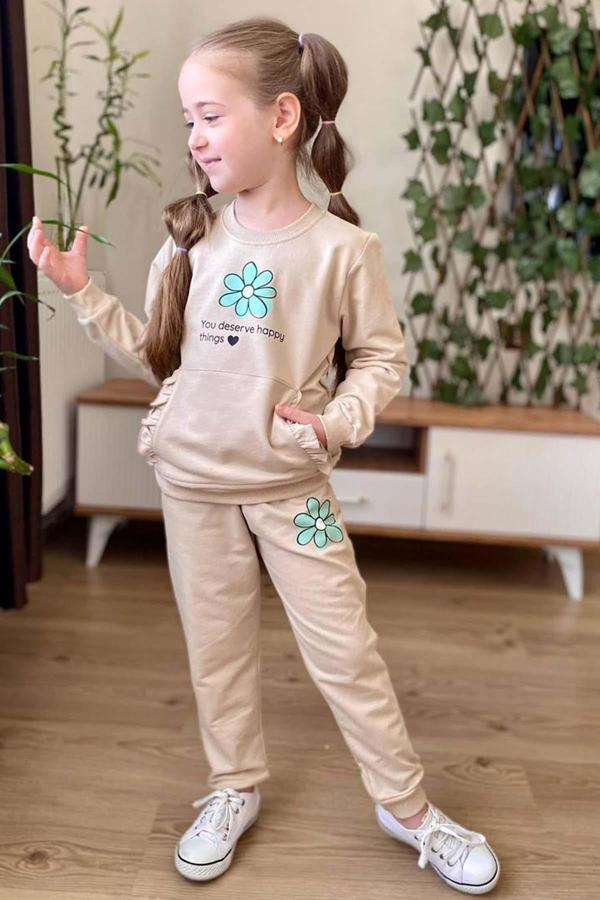 Kız Çocuk Papatya Baskılı ve Fırfır Cep Detaylı Sweat Alt Eşofman Krem Eşofman Takım - Image 1
