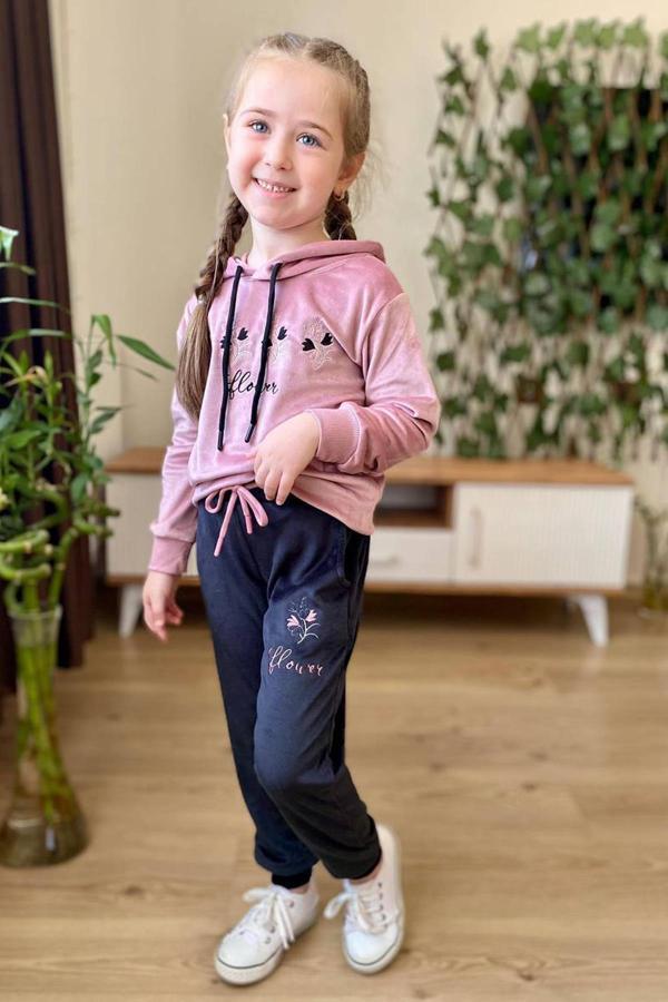 Kız Çocuk Buket Çiçek İşlemeli Kadife Sweatshirt Eşofman Altı Gül Kurusu Eşofman Takım - Image 1