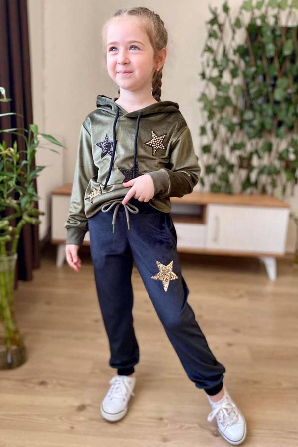 Kız Çocuk Pullu Yıldız İşlemli Kadife Sweatshirt Eşofman Altı Haki Eşofman Takım - Image 1