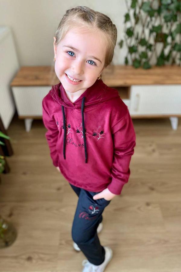 Kız Çocuk Buket Çiçek İşlemeli Kadife Sweatshirt Eşofman Altı Bordo Eşofman Takım - Image 1