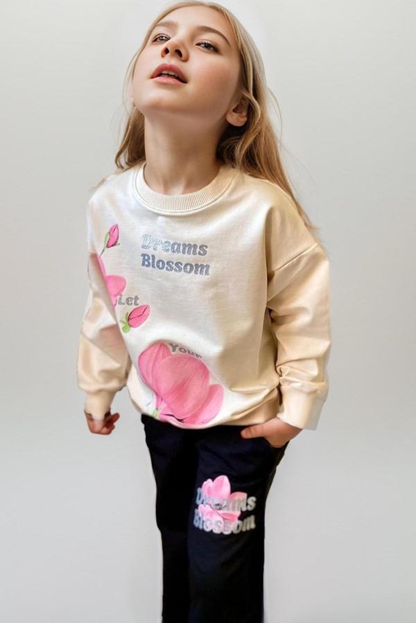 Kız Çocuk Lale Baskılı Kazak Yazı Detaylı Alt Eşofman Krem Eşofman Takım - Image 1