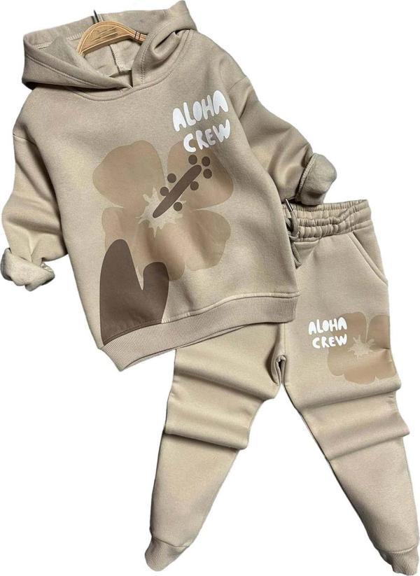 Kız Çocuk Aloha Crew Digital Baskı Kapüşonlu Bej Eşofman Takım - Image 1