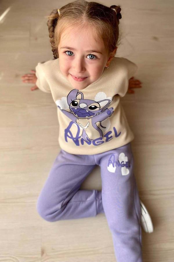 Kız Çocuk Stitch Karakter ve Angel Yazı Baskılı Lila Eşofman Takım - Image 1
