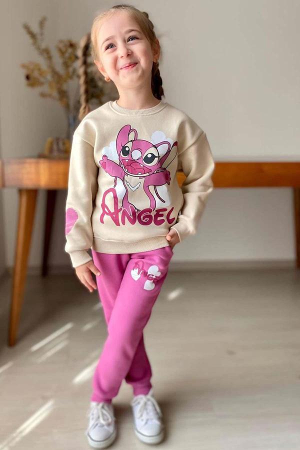 Kız Çocuk Stitch Karakter ve Angel Yazı Baskılı Pembe Eşofman Takım - Image 1