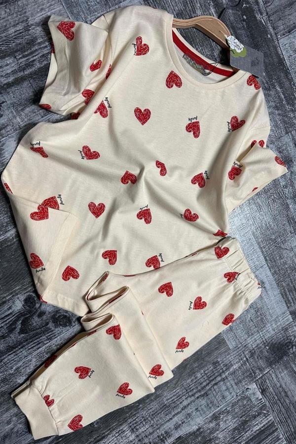 Kız Çocuk Küçük Sevimli Kalp Baskılı T-Shirt Krem Pijama Takımı 8-14 Yaş - Image 1