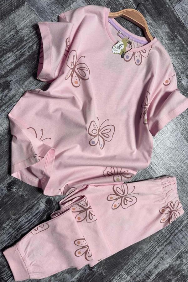 Kız Çocuk Kelebek Desenli T-Shirt Pembe Pijama Takımı 8-14 Yaş - Image 1