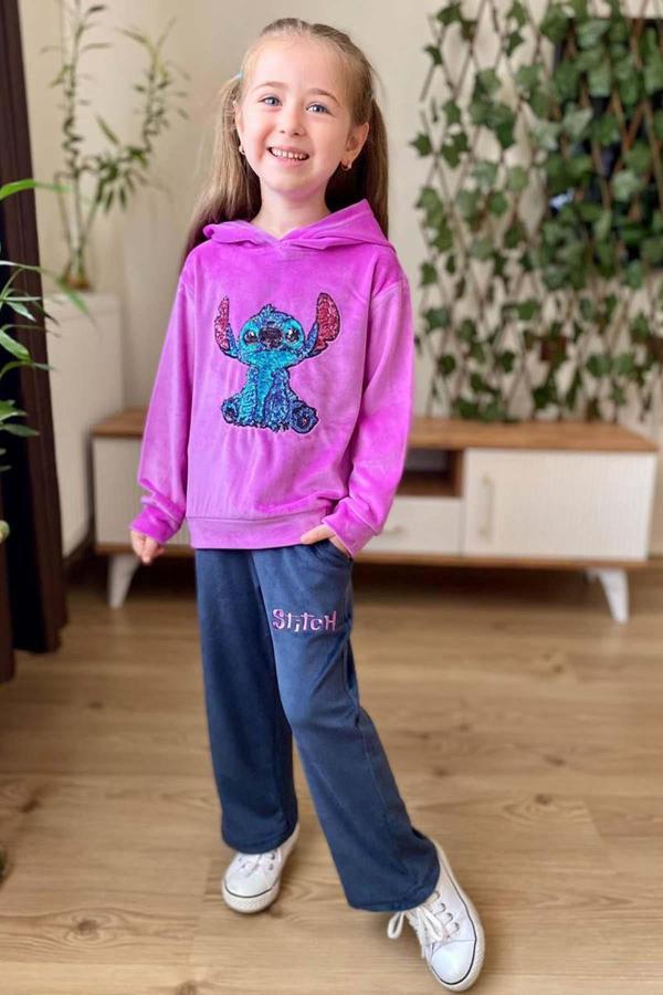 Kız Çocuk Stitch Karakter Baskılı Pullu Sweatshirt Mor Kadife Eşofman Takım - Image 1
