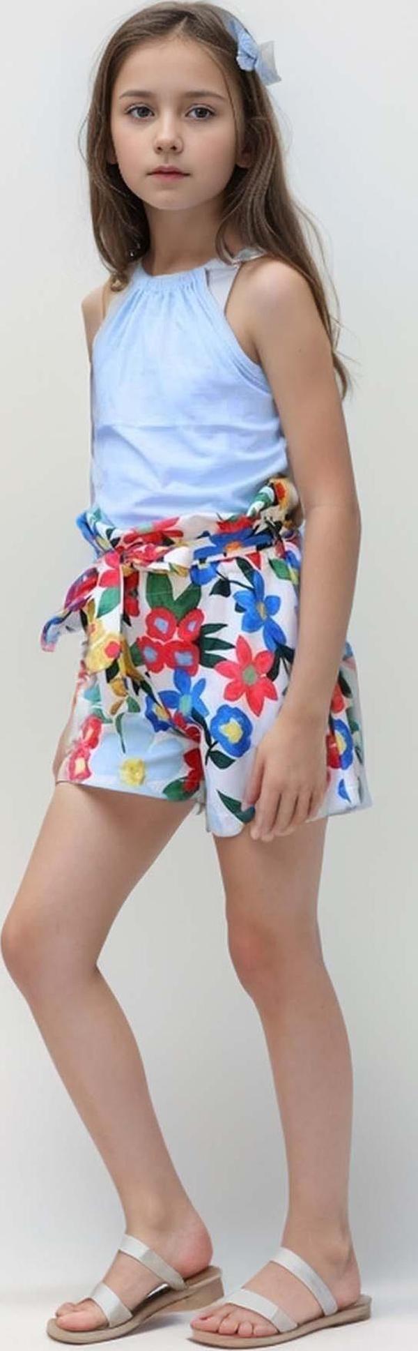 Kız Çocuk Renkli Flower Baskı ve Halter Yaka LightBlue Bluz Şortlu Takım - Image 1