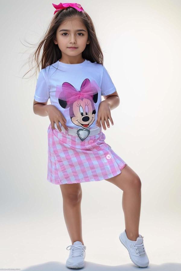 Kız Çocuk Minnie Baskı ve Üzeri Tül Fiyonk Detaylı Tişört Ekose Desen Etekli Takım - Image 1