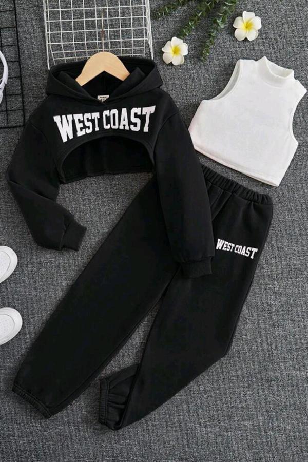 Kız Çocuk Kolsuz Bluz West Coast Baskı Kapüşonlu Crop Kaşkorse 3'lü Siyah Eşofman Takım - Image 1