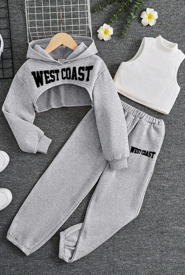 Kız Çocuk Kolsuz Bluz West Coast Baskı Kapüşonlu Crop Kaşkorse 3'lü Gri Eşofman Takım - Image 1