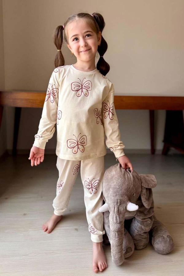 Kız Çocuk Bilekleri Manşetli Kelebek Desenli Krem Pijama Takımı - Image 1
