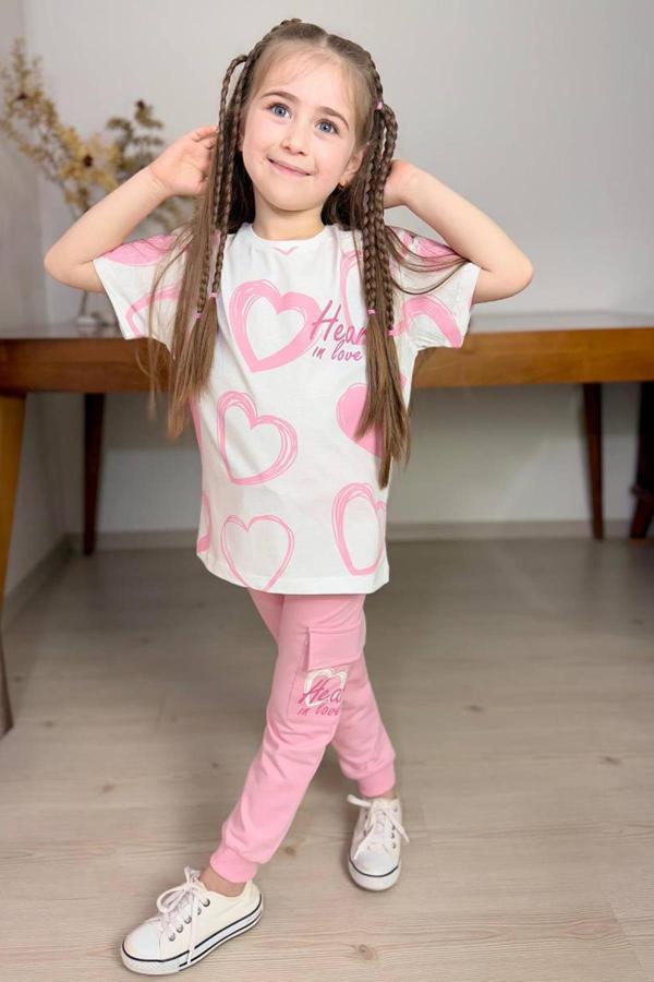 Kız Çocuk Pano Kalp Baskı Bisiklet Yaka T-Shirt Kargo Cepli Alt Pembe Eşofman Takım - Image 1