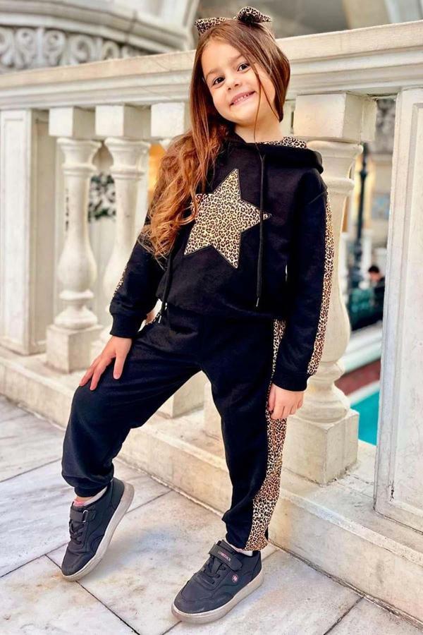 Kız Çocuk Önü Yıldız ve Leopar Desenli Sweatshirt Siyah Eşofman Takım - Image 1