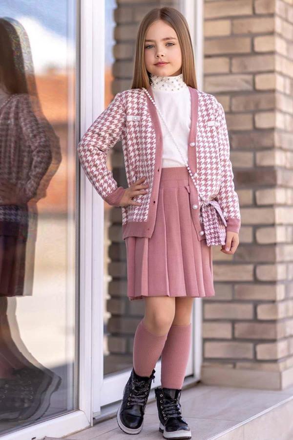 Kız Çocuk Kolları ve Yakası İnci Detaylı Bluz Kazayağı Desenli Triko Ceket Pembe Etekli Takım - Image 1