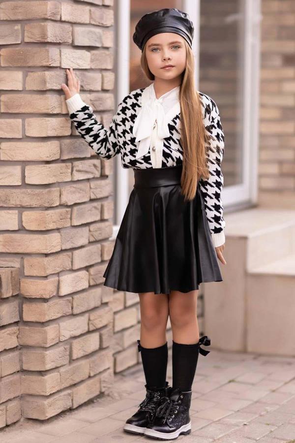 Kız Çocuk Yakadan Bağlamalı Gömlek Triko Hırka Siyah Deri Etekli Takım - Image 1
