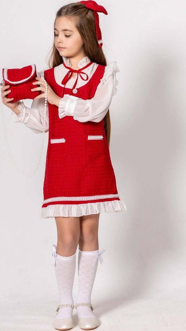 Kız Çocuk Kolları ve Yakası Şifon Etek Ucu Fırfırlı İnci İşlemeli Çift Cepli Kırmızı Triko Elbise - Image 1