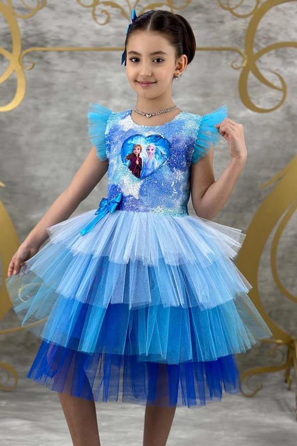 Kız Çocuk Karlar Kraliçesi Baskılı Üstü Pulpayet Tüllü Mavi Elbise - Image 1