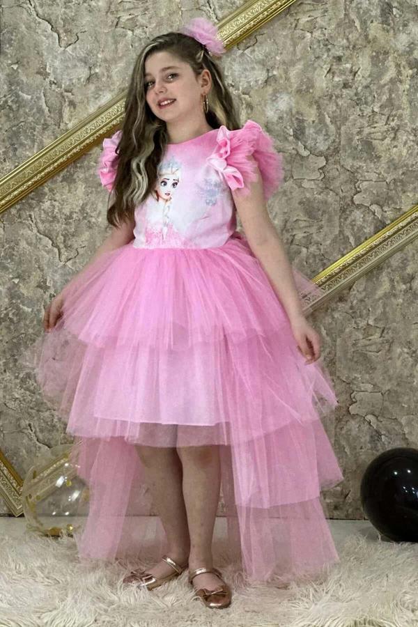Kız Çocuk Üzeri Karlar Kraliçesi Digital Baskı Kat Kat Tüllü Pembe Elbise - Image 1