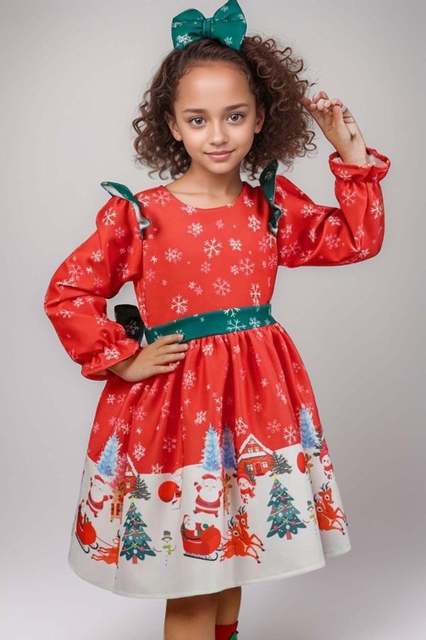 Kız Çocuk Omuzları Fırfırlı Geyik ve Kar Tanesi Baskılı Kırmızı Noel Elbise - Image 1
