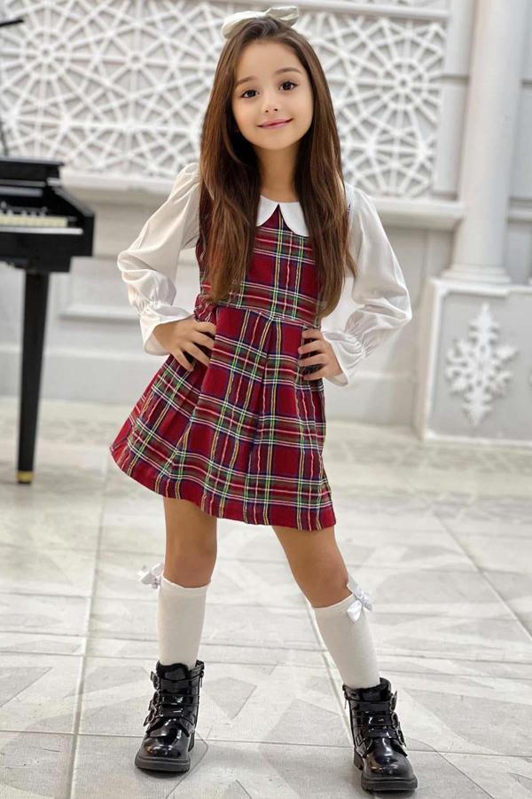 Kız Çocuk Üzeri Kare Çizgili İspanyol Kol Bebe Yakalı Kırmızı Elbise - Image 1