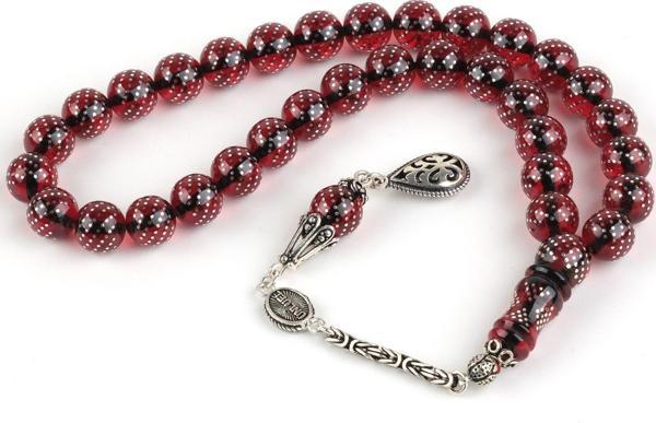 Ateş Kehribar 925Ayar Gümüş Çakım ve Püskül Küre Kesim 9mm Tesbih - Image 1