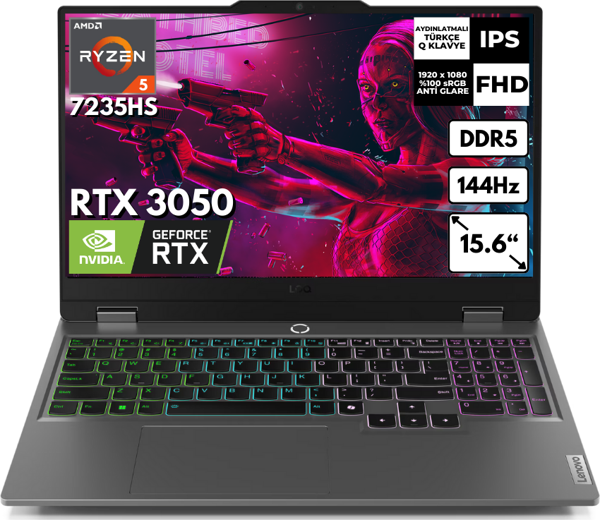 Lenovo LOQ 15ARP9 Ryzen 5-7235HS 32 GB 2 TBSSD 15.6" FHD FreeDos Gaming Notebook 83JC000PTR BT11 - Image 1