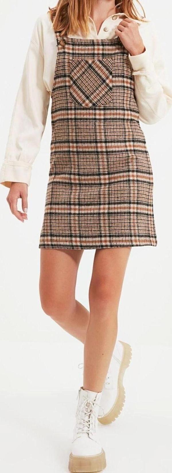 Moda Fit Casual Günlük Flanel Dokuma Kare Yaka Askılı Kol Jile Mini Boy Elbise - Image 1