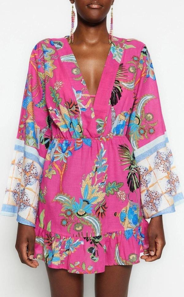 Moda Fit Plaj Günlük Vual Dokuma V Yaka Uzun Kol Eteği Fırfırlı Mini Boy Elbise - Image 1