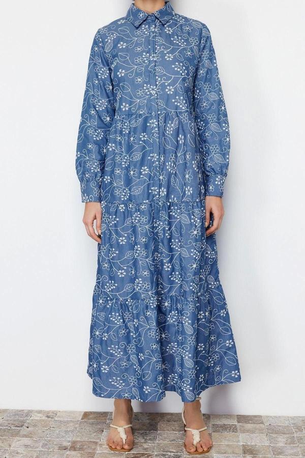 Moda Gömlek Elbise Günlük Brode Dokuma Gömlek Yaka Uzun Kol Gömlek Elbise Maxi Boy Tesettür Elbise - Image 1