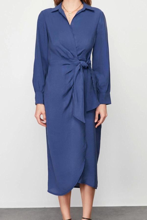 Moda Kruvaze Casual Günlük Modal Kumaş Dokuma Kruvaze Uzun Kol Kruvaze Midi Boy Elbise - Image 1