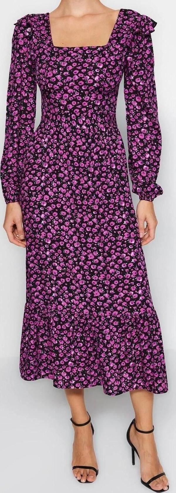 Moda Regular Casual Günlük Shally Dokuma Kare Yaka Uzun Kol A-Line Midi Boy Elbise - Image 1