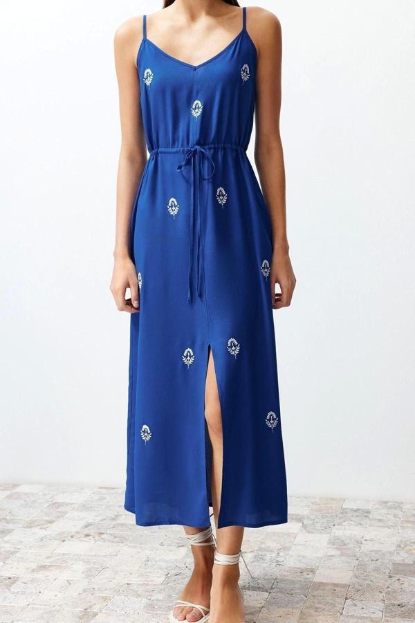 Moda Regular Casual Günlük Shally Dokuma V Yaka Askılı Kol A-Line Maxi Boy Elbise - Image 1