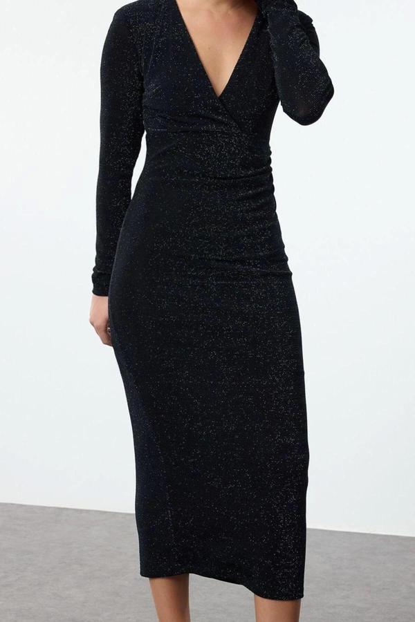 Moda Stil Fitted Kruvaze Midi Boy Vücuda Oturan V Yaka Simli Örme Elbise - Image 1