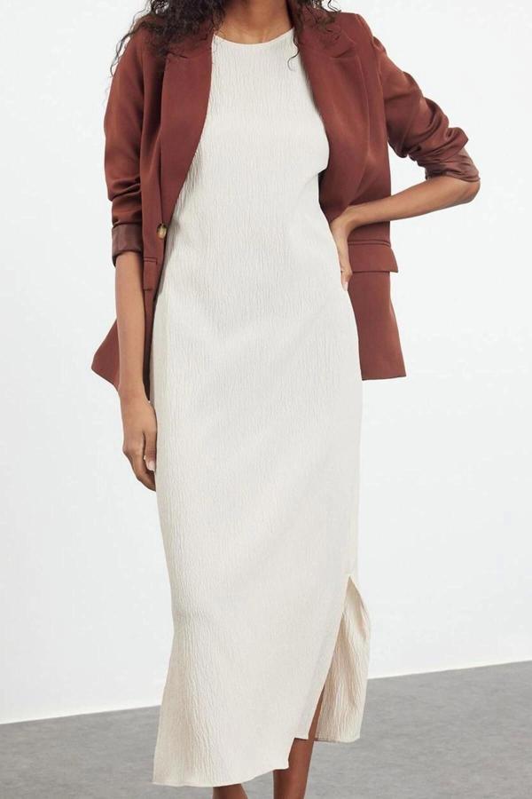 Moda Stil Regular Bisiklet Yaka Maxi Boy Tesettür Bürümcük Dokuma İçlik Astar Elbise - Image 1