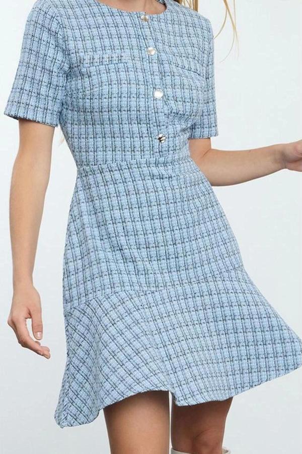 Moda Stil Regular Bisiklet Yaka Mini Boy Eteği Belden Açılan Tüvit Dokuma Elbise - Image 1