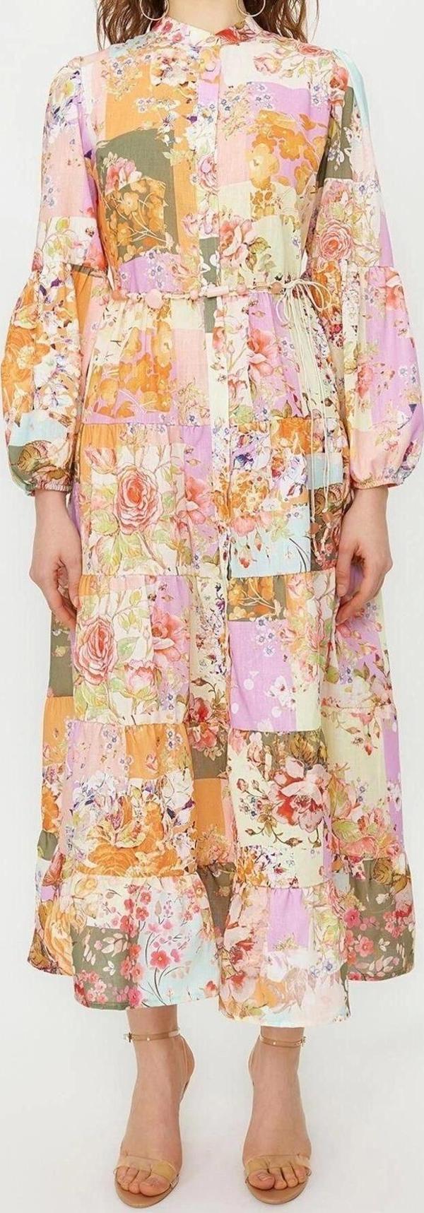Moda Regular Günlük Keten Görünümlü Dokuma Hakim Yaka Uzun Kol A-Line Maxi Boy Tesettür Elbise - Image 1