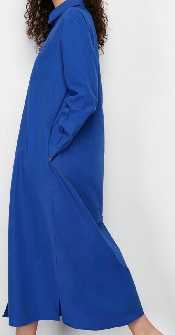 Moda Stil Regular Gömlek Yaka Maxi Boy Tesettür Düz Dokuma Gömlek Elbise - Image 1
