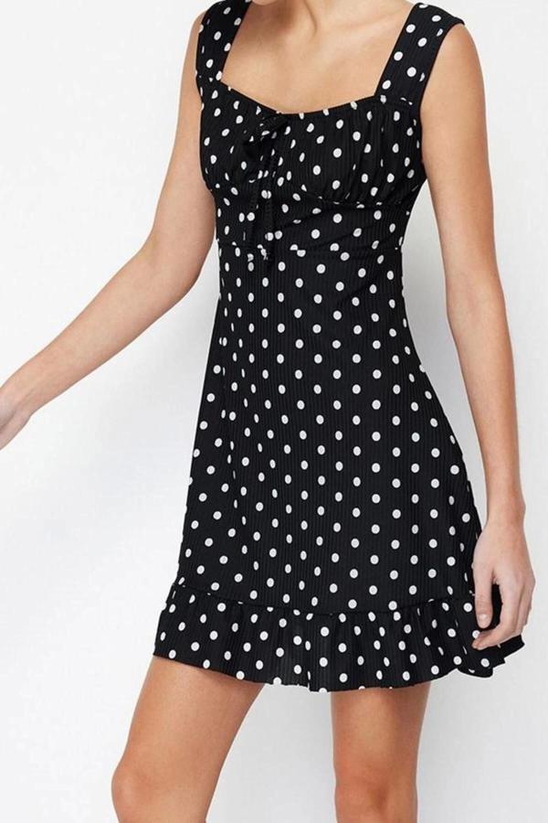 Moda Stil Regular Kare Yaka Mini Boy Siyah001 Volanlı A-Line Örme Elbise - Image 1
