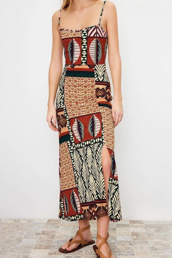 Moda Regular Casual Günlük Bürümcük Örme Kare Yaka Askılı Kol Shift Midi Boy Elbise - Image 1