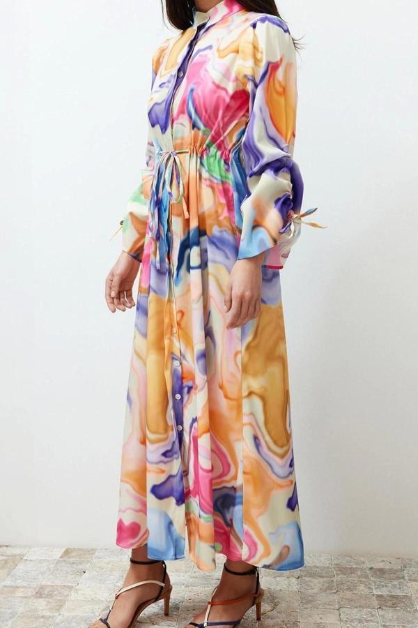 Moda Regular Casual Günlük Chally Dokuma Hakim Yaka Uzun Kol A-Line Maxi Boy Tesettür Elbise - Image 1